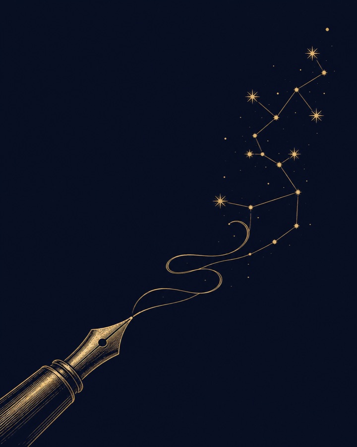 A fountain pen drawing a line that becomes a constellation